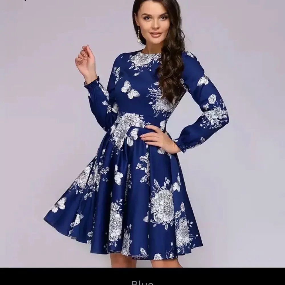 ROYAL blue flowers and butterflies print dress fit and flare NWOT - Picture 4 of 11